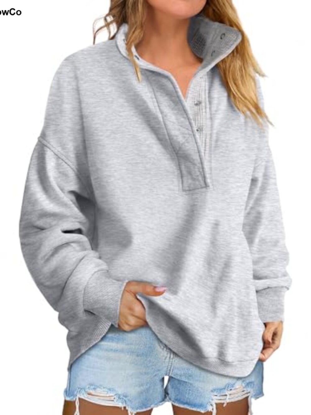 Oversized Mock Neck Henley Sweatshirt Drop Shoulder Loose Pullover